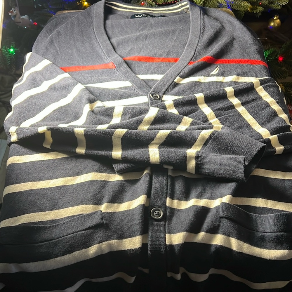 Nautica Mens Striped Cardigan Color Blue/White/Red Size XL